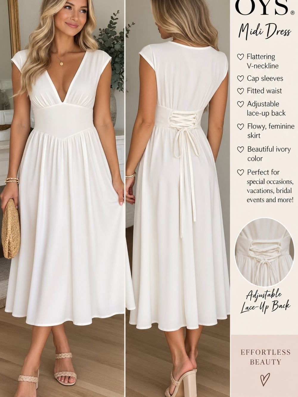 Ivory V-Neck Midi Dress with Lace-Up Back